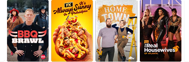 Programming tiles for BBQ Brawl, It's Always Sunny in Philadelphia, Home Town, and Real Housewives.