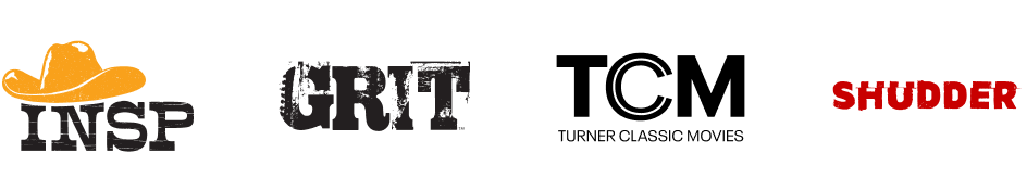 Logos for INSP, GRIT, TCM, and Shudder