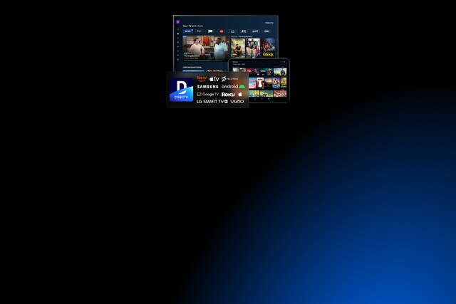 The directv app logo and compatible device logos for amazon fire, apple tv, peloton, apple, samsung, android, roku, google tv and vizio are presented in front of a tv and tablet device showing the directv app in use.