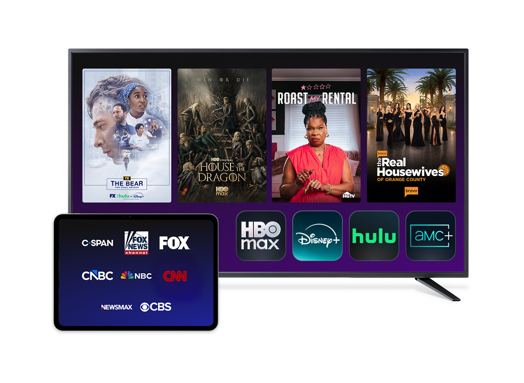 DIRECTV MyEntertainment package featuring The Bear, House of the Dragon, Roast My Rental, The Real Housewives of Orange County, plus HBO Max, Disney+, Hulu, AMC+, and live news channels.