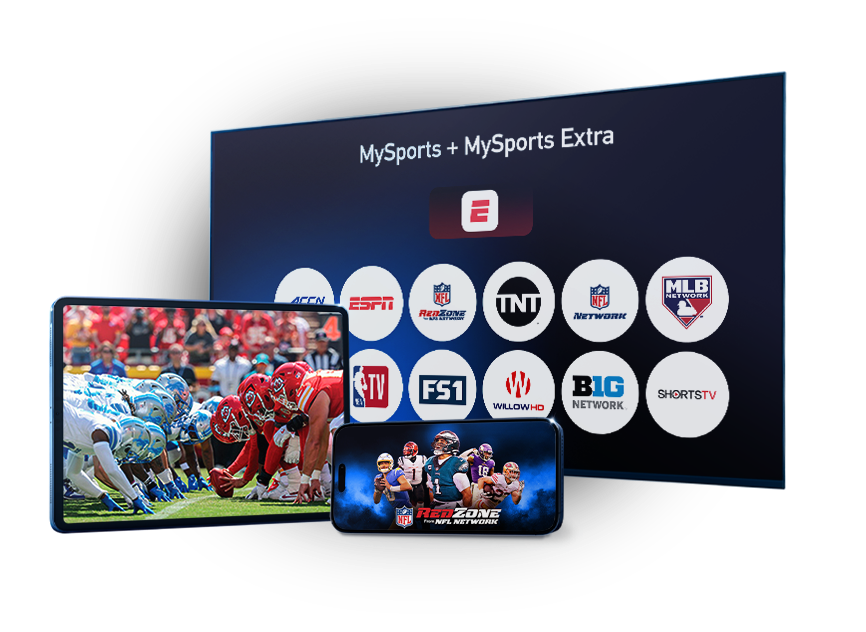 A TV screen shows the my sports plus my sports extra genre pack combo name with a preview of the ESPN Unlimited app logo and various sports channels that are included in the package. A tablet and phone device are also shown with football imagery and the n f l redzone logo.