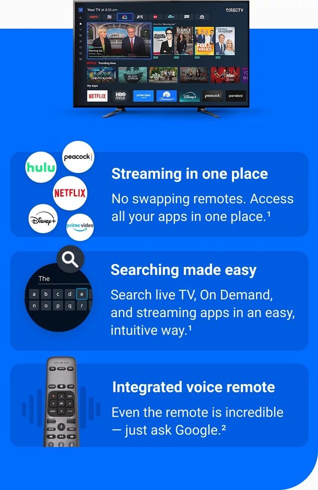 TV screen showing the DIRECTV interface with live TV channels, streaming apps like Netflix, HBO Max, and feature callouts for search and voice remote.