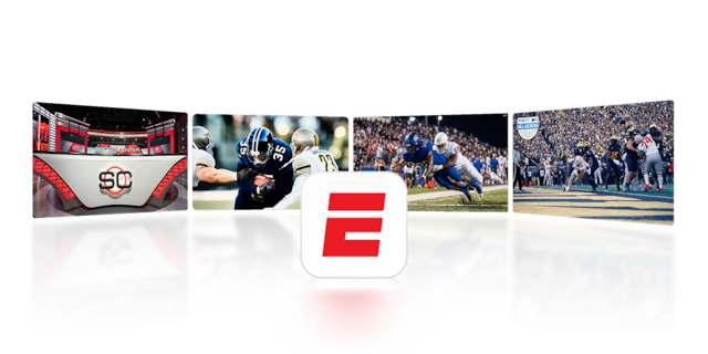 The ESPN Unlimited App logo is shown accompanied by Small images of available content on the app, like Sports Center, Professional football and college football.