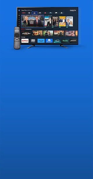 An image of the your tv menu of the directv app is shown on a flat screen tv with tiles of channel and show options. Accompanied by a directv remote