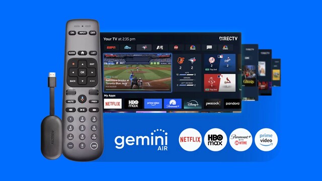 Gemini air streaming device connects with Netflix, Max, Paramount plus with Showtime, and Prime video.